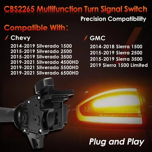 Vista 3 de Interruptor multifunción de señal de giro con control de atenuación de faros Reemplazo para 2014-2021 Chevy Silverado y GMC Sierra