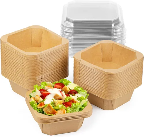 Vista 10 de Paquete de 25 envases de papel de 25 onzas, contenedores de alimentos desechables con tapas, cuencos desechables, cuencos de ensalada desechables
