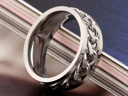 Vista 2 de Spinner Ring Men, Silver Braided Band for Wedding,Custom Engraved Stainless Steel, Inlay Chain, Gift for Him