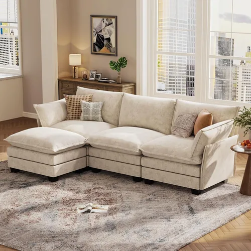 Vista 9 de KKL Sofá Seccional Modular de 91.3" Pulgadas, Sofá Nube de 4 Asientos en Forma de L con Otomana, Sofás Seccionales Modernos de Chenilla para Sala