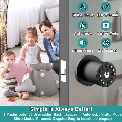 Vista 2 de Pomo de Puerta con Teclado y Llave, Cerradura de Puerta sin Llave, Cerradura de Código, Llave de Puerta, Bloqueo Automático, Código de 50 Usuarios