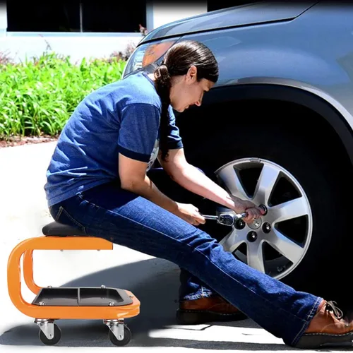 Vista 5 de Taburete de taller rodante resistente, silla mecánica con ruedas, taburete rodante de capacidad de 400 libras para garaje con ruedas, asiento