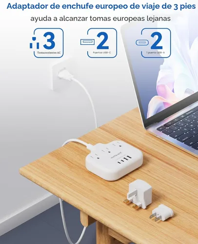 Vista 3 de Adaptador de enchufe de viaje europeo, adaptador de enchufe estadounidense a europeo con 3 tomas de corriente americanas y 4 USB, cable