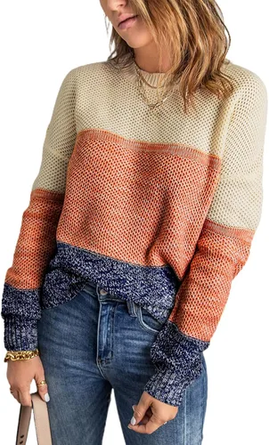 Vista 8 de Dokotoo - Suéter de bloques de colores para mujer, suéter de manga larga con cuello redondo, suéter sin botones blanco (A1 White)