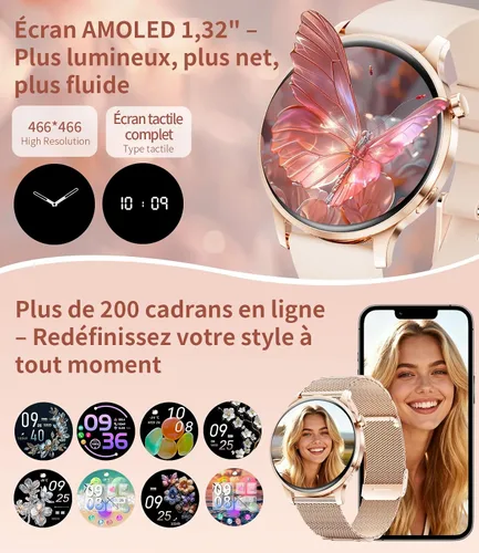 Vista 3 de SUNKTA Reloj inteligente para mujer, 0.311 in, ultrafino, 1.32 pulgadas, AMOLED, Bluetooth, llamada, rosa, elegante, para Android iOS, frecuencia