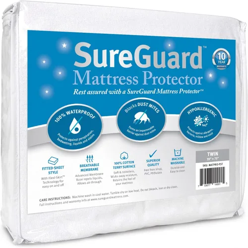 Vista 18 de SureGuard - Protector de colchón tamaño individual, 100% impermeable, hipoalergénico, funda de algodón ajustable de alta calidad, suave