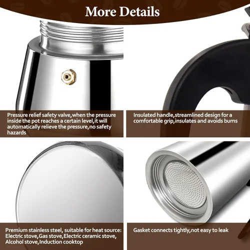 Vista 7 de Olla de Moka de 6 Tazas Cafetera Percoladora Italiana de Café 300ml para Estufa Espresso Mocha de Acero Inoxidable Cafetera Greca Clásica para Café