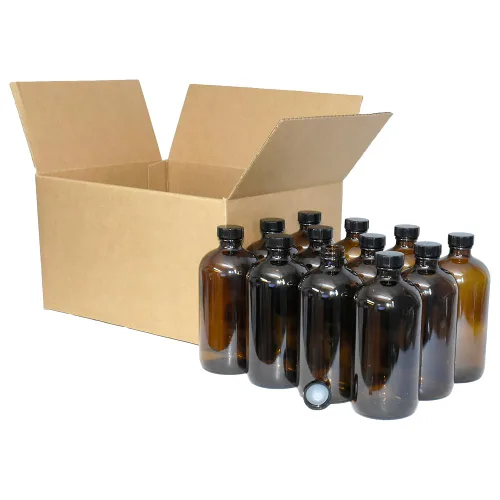 Vista 2 de 16 onzas (paquete de 12) Boston Round. Botella color ámbar con tapa negra con cono de polietileno (28/400)