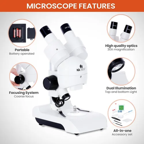 Vista 2 de AmScope - Microscopio estéreo portátil todo en uno de lujo 30X con doble iluminación LED y kit de accesorios - SE122