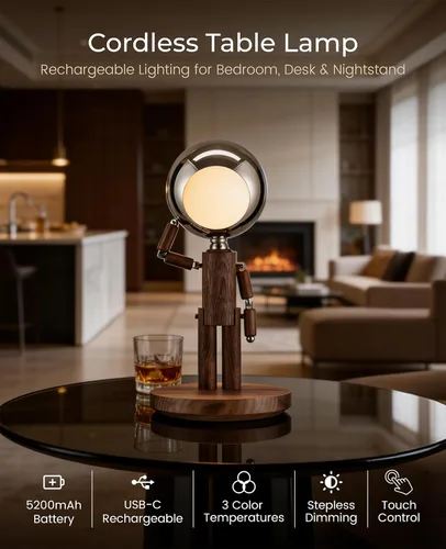 Vista 2 de Lámpara de mesa inalámbrica, lámpara de mesa de madera recargable con control táctil y brillo ajustable, lámpara de noche decorativa inalámbrica