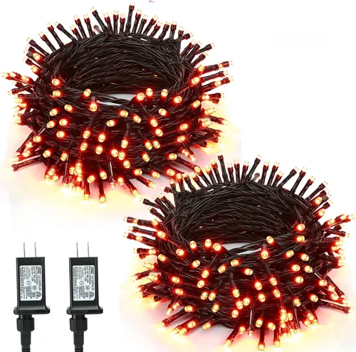 Vista 9 de BrizLabs Luces de Halloween naranjas y moradas, 78.74 pies, 240 luces LED naranjas conectables, 8 modos de luz de Halloween morada para exteriores