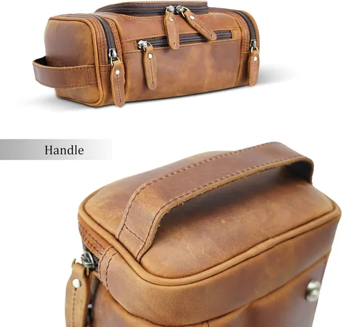 Vista 10 de Polare - Neceser de cuero de grano completo, kit de afeitado, estuche de viaje, bolsa de lavado con cremalleras YKK A- marrón oscuro