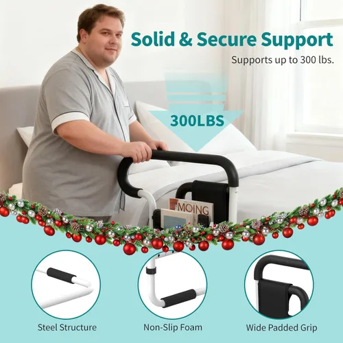 Vista 5 de Rieles de cama para adultos mayores, riel de cama ajustable para ancianos, riel de asistencia de cama para personas mayores con 2 bolsas, se adapta