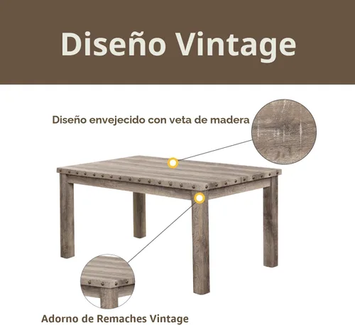 Vista 4 de Morden Fort Juego de mesa de comedor rústica para 6, sillas de comedor de cocina de granja para 6, encantadora mesa rectangular de madera de 60" y 6