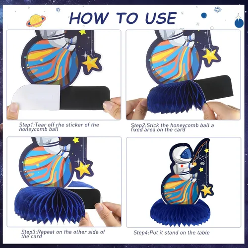 Vista 7 de Marspark 9 piezas de centro de mesa con temática de panal de abeja para el espacio exterior, decoración de mesa de fiesta de cumpleaños, decoración