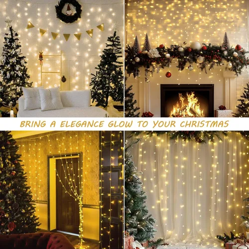 Vista 2 de HEYFUNi luces de cortina LED 304 para exterior, 3 m*3 m de luces colgantes con enchufe y 8 modos, luces de hadas para cortina conectables