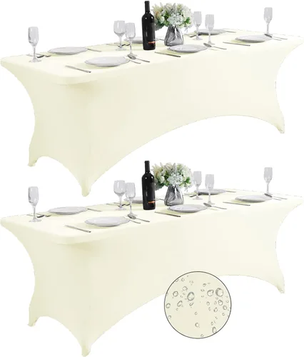 Vista 46 de SuperO - Paquete de 2 manteles de elastano impermeables para mesas de 6 pies, mantel elástico universal ajustable para fiestas, banquetes, bodas