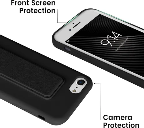 Vista 5 de Funda de silicona con soporte de LAUDTEC compatible con iPhone 7/8/SE, soporte de metal con soporte de pie vertical y horizontal, cubierta flexible