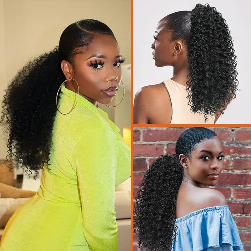 Vista 5 de Aisaide Extensión de cola de caballo rizada con cordón para mujeres negras, extensión de cola de caballo larga rizada sintética, color negro, clip