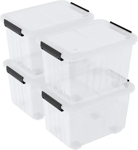 Vista 10 de Paquete de 4 cajas de almacenamiento de plástico, contenedores de almacenamiento con tapa con asa, 20 L, transparentes