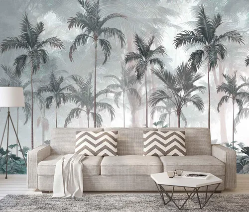 Vista 2 de Papel tapiz de bosque tropical con mural de pared de palmeras para dormitorio, sala de estar (no autoadhesivo)