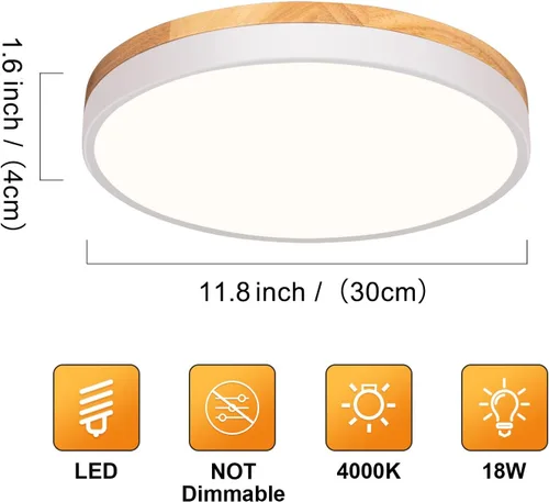 Vista 5 de Vikaey Moderna lámpara de techo LED de madera, simple lámpara de techo blanca empotrada, accesorios de iluminación de techo redondos