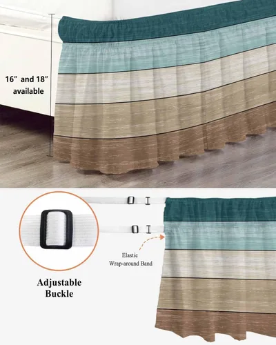 Vista 2 de Falda de cama marrón verde azulado, tamaño Queen de 16 pulgadas de caída, ajustable y elástica envolvente, plisada, con volantes de polvo de lujo