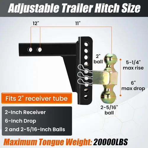 Vista 2 de 45900 enganches de remolque ajustables, enganche de caída de 2 pulgadas, receptor compatible con enganche curt 45900, caída de 6 pulgadas, bola