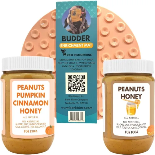Vista 2 de BUDDY BUDDER Pumpkin Pup + Ruff Ruff Raw Red Dog Enrichment Mat Combo, 100% mantequilla de maní natural, golosinas saludables para perros, fabricado