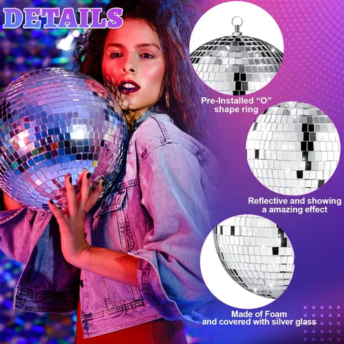 Vista 4 de Libima Paquete de 12 Bolas de Discoteca Grandes de Navidad Decoración de Diferentes Tamaños Espejo Plateado Colgantes Adornos de Bola de Discoteca