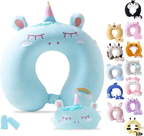 Vista 19 de Cirorld - Almohada de viaje para niños y adultos, linda almohada de cuello para viajar, espuma viscoelástica para avión, máscara para dormir