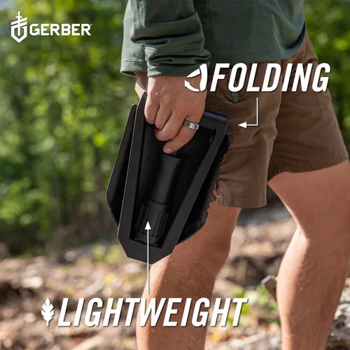 Vista 5 de Gerber Gear pala plegable táctica estilo militar E-Tool, pala para camping y emergencia en el automóvil de uso múltiple y resistente con borde