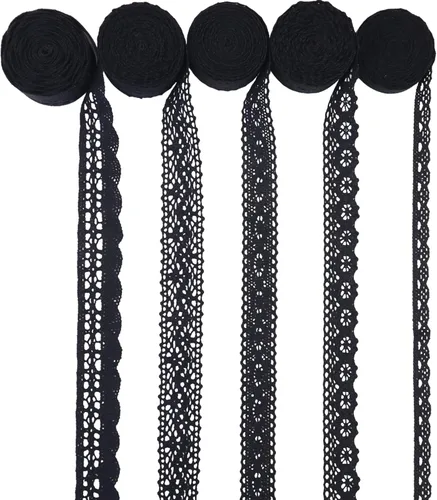 Vista 4 de Cinta de encaje negra de 15 yardas, ribete de encaje de algodón, encaje de ganchillo para costura, para manualidades, envoltura de regalo, decoración