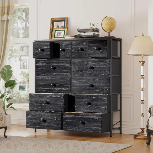 Vista 5 de Cómoda para dormitorio con organizador de cajones de almacenamiento, cómodas y baúles de tela, marco de metal resistente, parte superior de madera