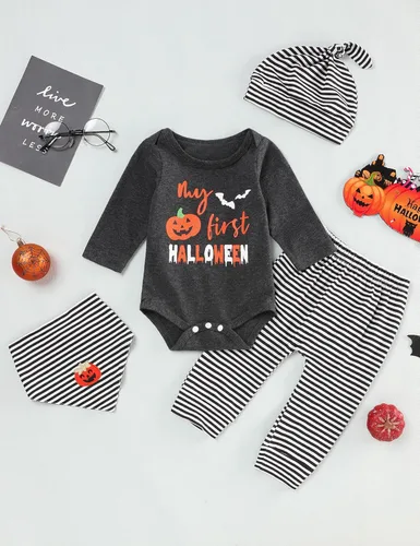 Vista 2 de My First Halloween - Conjunto de ropa de Halloween para bebé, abrigo de calabaza, corbatín y pantalones a rayas, ropa infantil de Halloween