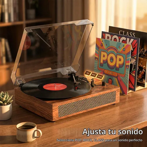 Vista 5 de Tocadiscos de vinilo giradiscos vintage con altavoces estéreo incorporados, Bluetooth, grabación y reproducción USB, giradiscos de 3 velocidades