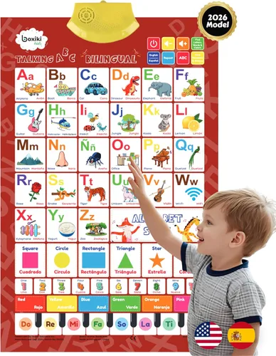 Gráfico interactivo bilingüe de pared del alfabeto en inglés y español (modelo 2026) – Letras ABC parlantes, números 123 y póster de aprendizaje de