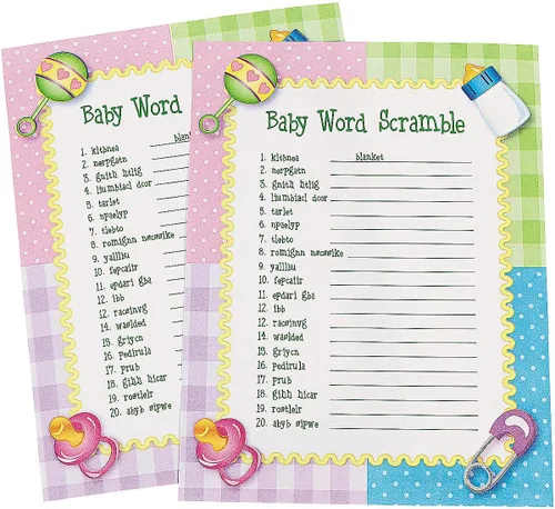 Fun Express Baby Shower Word Scramble Game for Baby, 24 Playing Sheets - Baby Shower and Gender Reveal Party Games