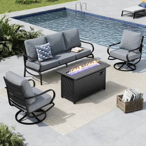 Vista 45 de MFSTUDIO Juego de muebles de patio de 6 piezas con mesa de fogata de gas de 45 pulgadas (hasta 7 asientos), sofás de conversación de patio con marco