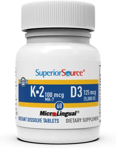 Vista 4 de Superior Source K2 (MK-7) 100 mcg, con suplemento D3 (5,000 UI), tabletas microlingües de disolución rápida, 60 unidades, fortalece los huesos