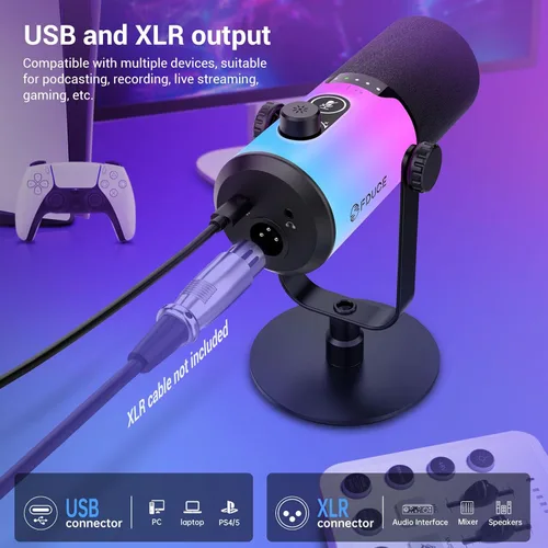 Vista 3 de FDUCE Kit de micrófono dinámico para juegos, micrófono USB/XLR para podcast y computadora con soporte de escritorio, luz RGB, botón de silencio