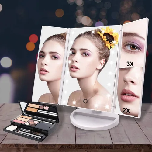 Vista 3 de WEILY Espejo de maquillaje con 21 luces LED, dos modos de fuente de alimentación, pantalla táctil ajustable y espejo de tocador de tres pliegues
