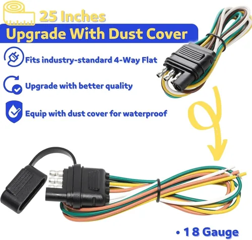 Vista 9 de MECMO Conector plano de extremo de remolque de 4 vías de 25 pulgadas, enchufe de arnés de cableado de remolque de 4 clavijas de 16 AWG con cubierta
