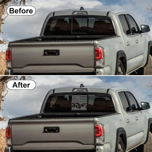 Vista 2 de Calcomanía de vinilo para ventana central trasera trasera compatible con Toyota Tacoma 2005-2015 2016-2023 Mountain Scene American Flag (Negro mate)