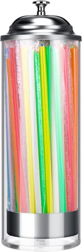 Patelai Dispensador de popotes de 10.6 pulgadas y 200 popotes con tapa, transparente para organizador de encimera, cocina, bar, suministros para el