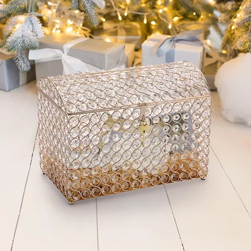 Vista 4 de ELLDOO Crystal Wedding Card Box with Heart Lock, 12.6" x 6.3" x 9.4" Money Card Box Treasure Chest Style Gold Gift for Wedding Receptions
