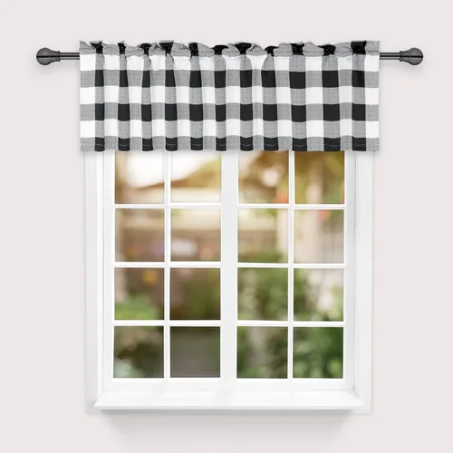 Vista 2 de Simple Deluxe Paquete de 4 cenefas opacas de cuadros búfalo para ventanas de cocina, sala de estar, casa de campo, dormitorio, cenefa de cortina