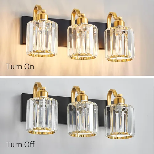 Vista 4 de Luces modernas de cristal para tocador de baño, 3 luces negras y doradas, lámparas de baño sobre el espejo, iluminación de pared de cristal