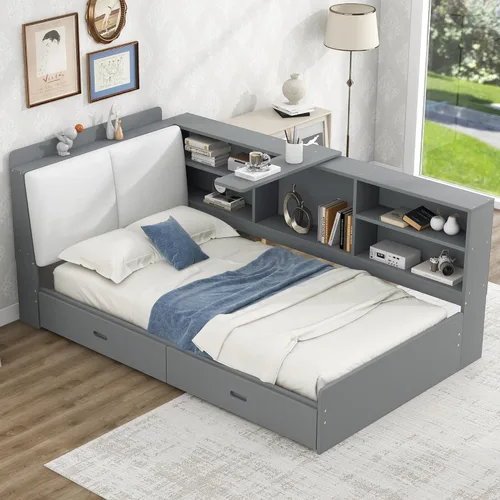 Vista 3 de Cama de plataforma de tamaño individual con cajones de almacenamiento, estantería y cabecera en forma de L, sofá cama de madera de pino con estantes