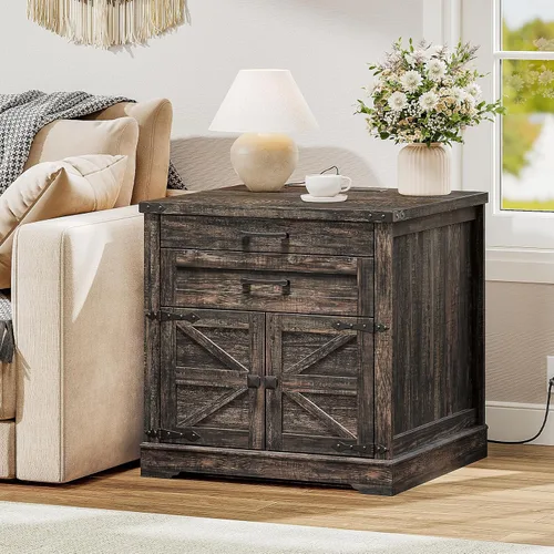 RALGEND Farmhouse End Table with Charging Station, 24'' Sofa Side Table with 2 Drawers and Barn Door, Large Rustic Wooden Square Nightstand for